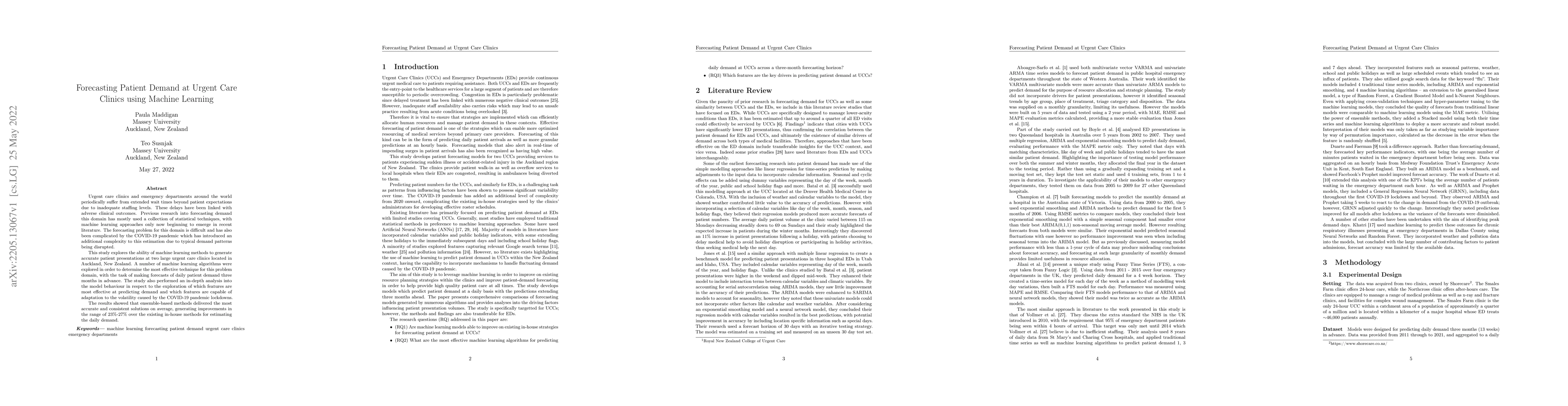 Thumbnail for Forecasting Patient Demand at Urgent Care Clinics using Machine Learning