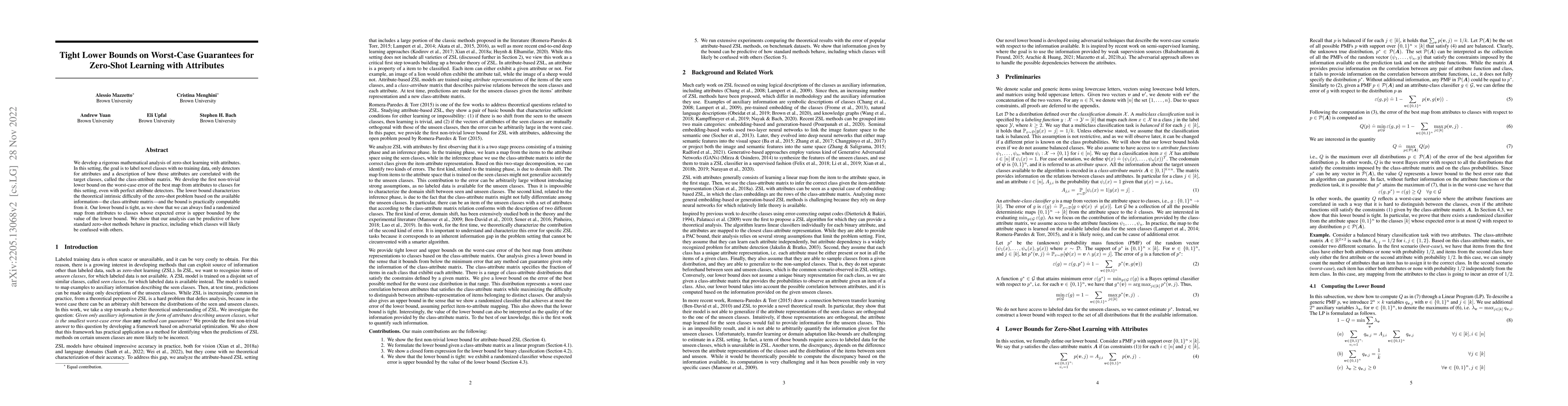 Thumbnail for Tight Lower Bounds on Worst-Case Guarantees for Zero-Shot Learning with
  Attributes