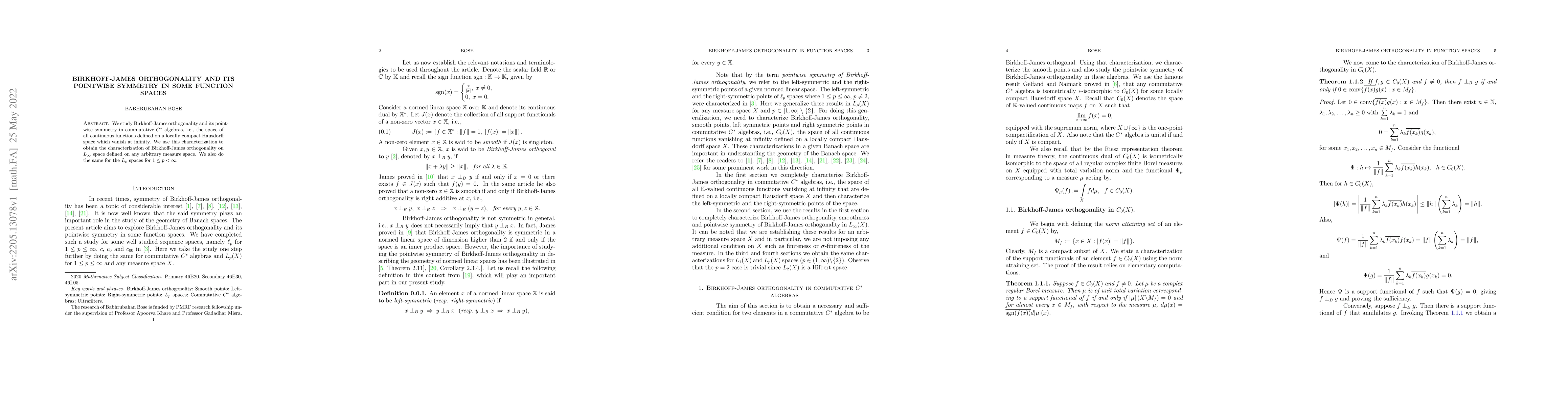 Thumbnail for Birkhoff-James Orthogonality and Its Pointwise Symmetry in Some Function
  Spaces