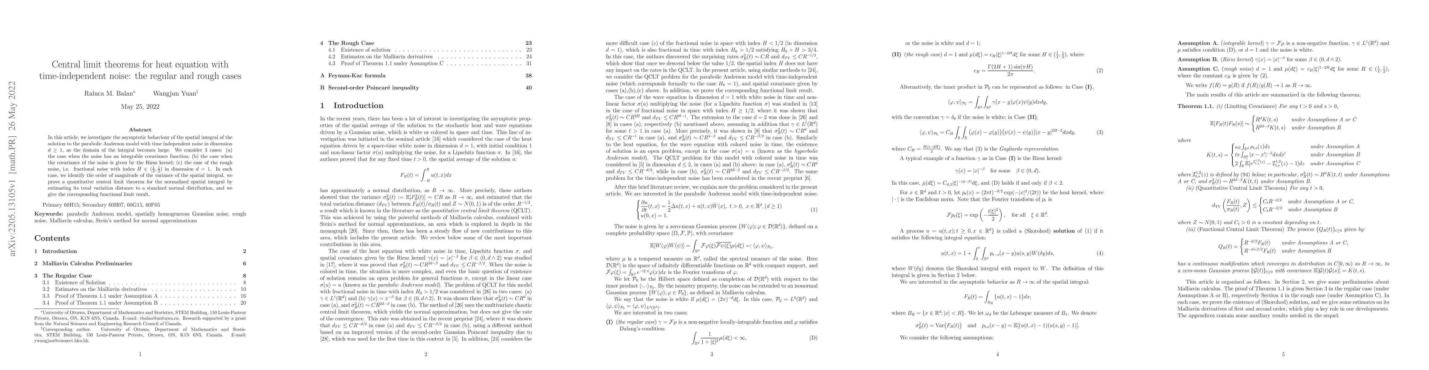 Thumbnail for Central limit theorems for heat equation with time-independent noise:
  the regular and rough cases