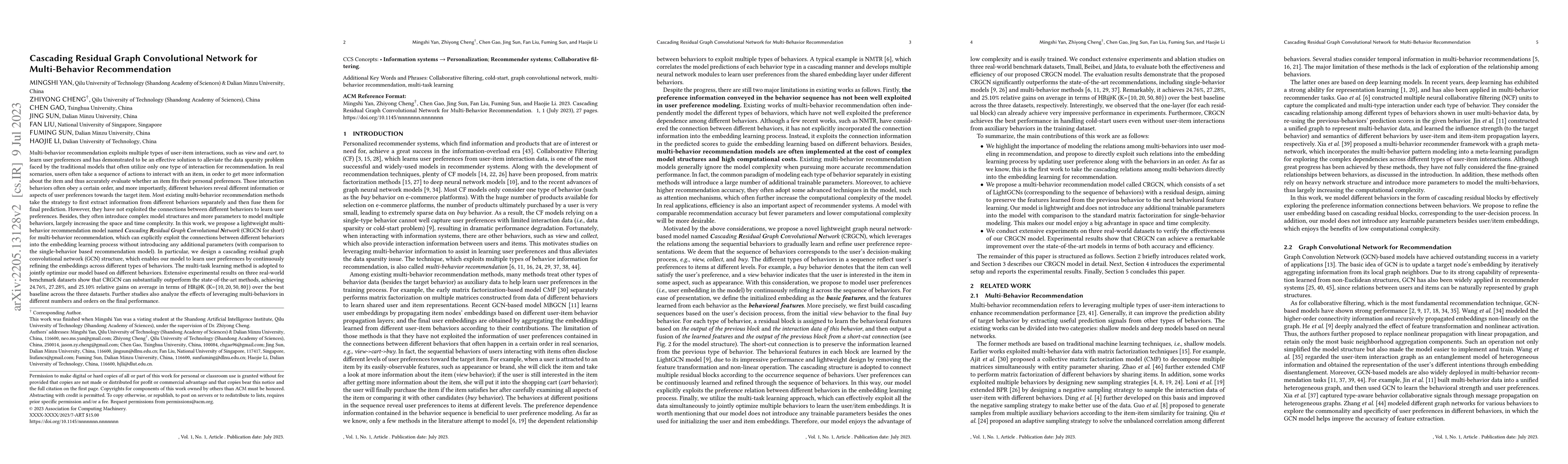 Thumbnail for Cascading Residual Graph Convolutional Network for Multi-Behavior
  Recommendation