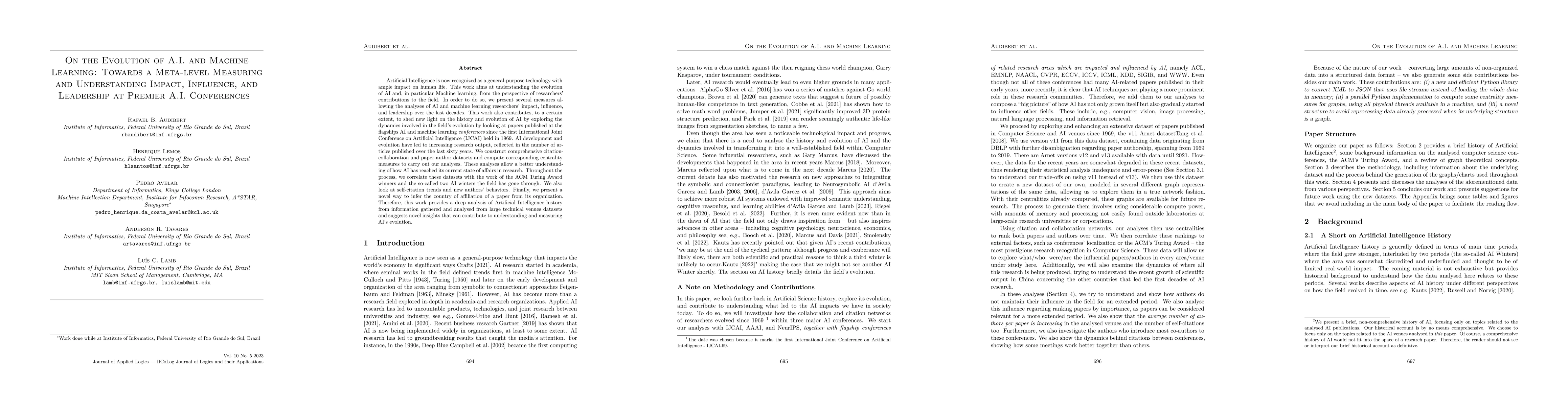 Thumbnail for On the Evolution of A.I. and Machine Learning: Towards a Meta-level
  Measuring and Understanding Impact, Influence, and Leadership at Premier A.I.
  Conferences