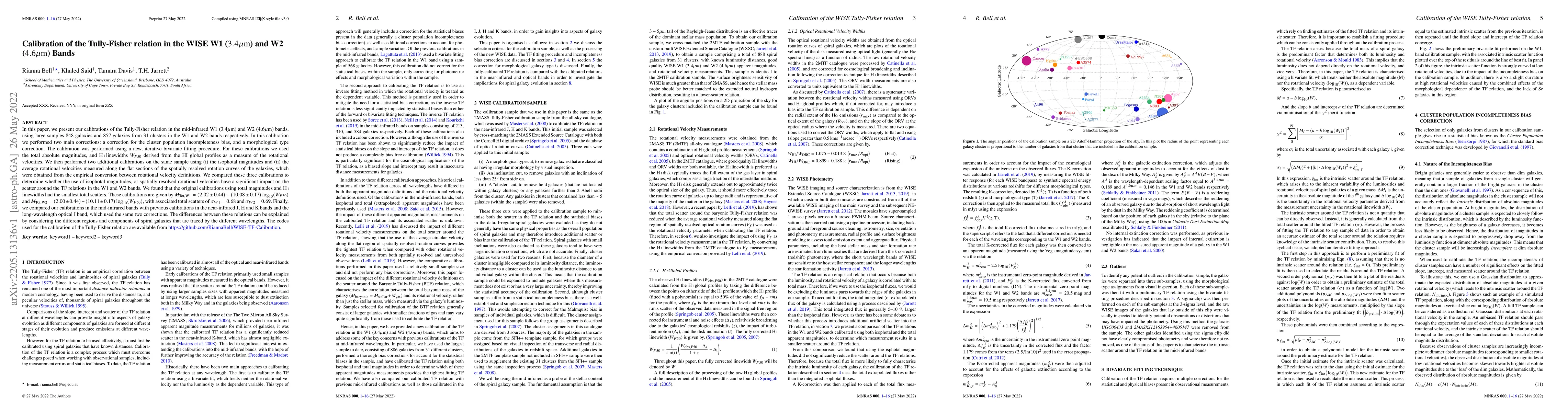 Thumbnail for Calibration of the Tully-Fisher relation in the WISE W1 ($3.4\mu \rm m$)
  and W2 ($4.6\mu \rm m$) Bands