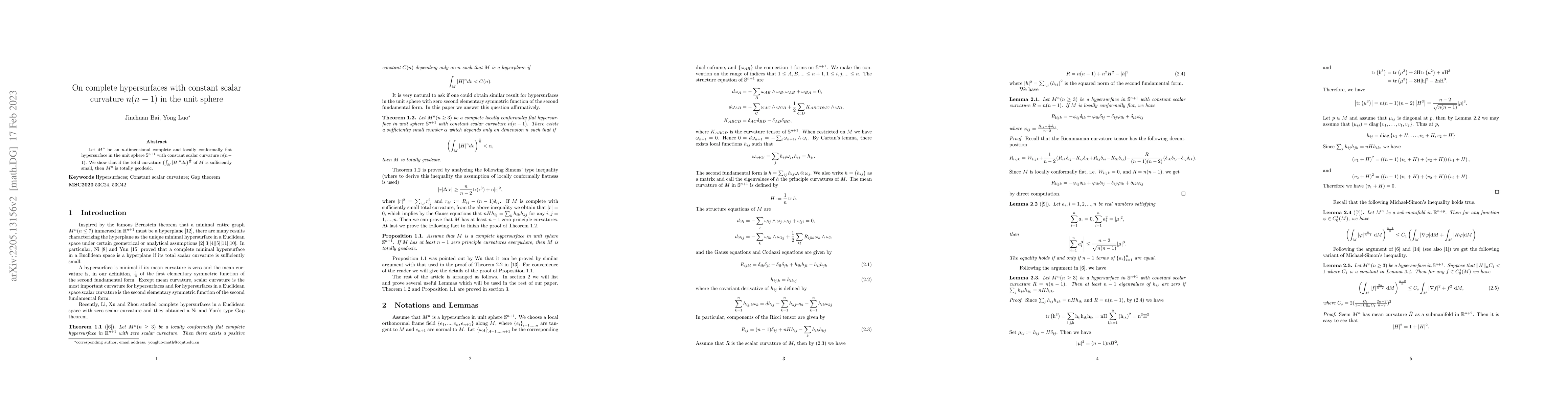 Thumbnail for On complete hypersurfaces with constant scalar curvature $n(n-1)$ in the
  unit sphere