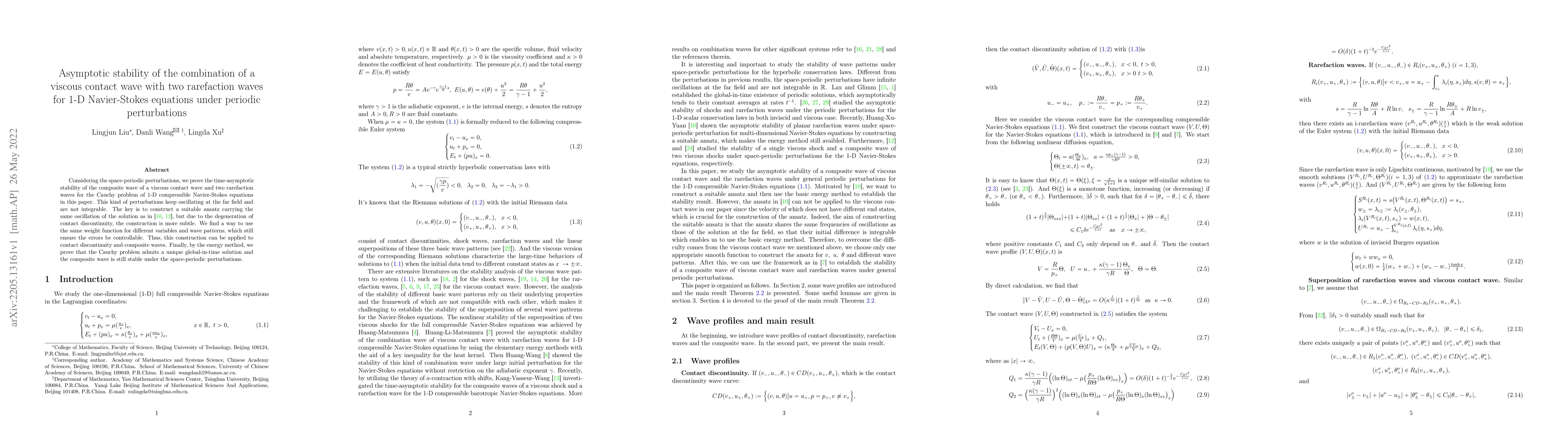 Thumbnail for Asymptotic stability of the combination of a viscous contact wave with
  two rarefaction waves for 1-D Navier-Stokes equations under periodic
  perturbations