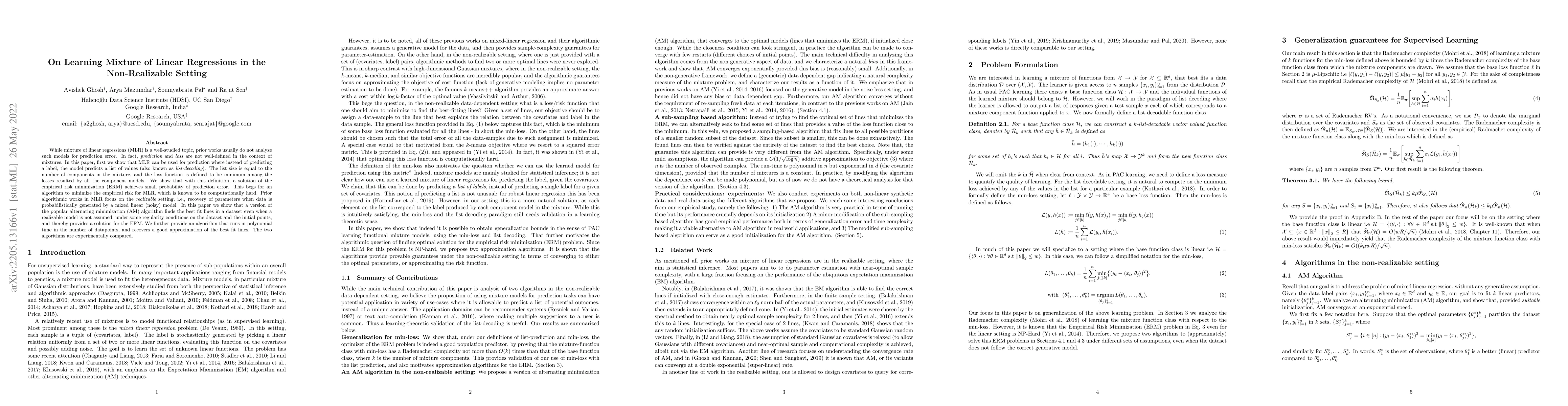 Thumbnail for On Learning Mixture of Linear Regressions in the Non-Realizable Setting