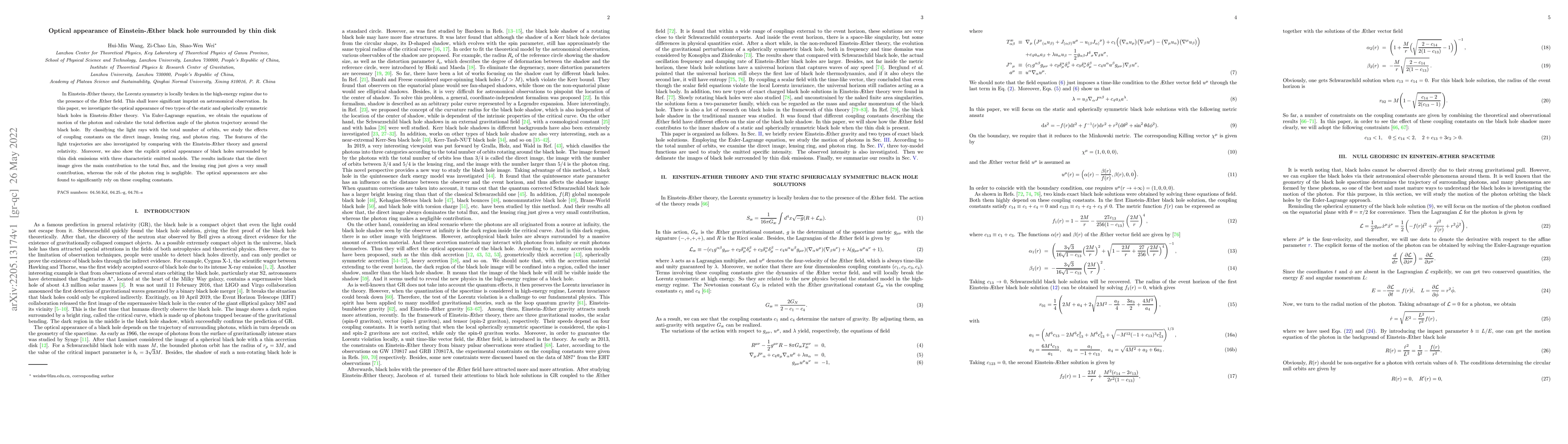Thumbnail for Optical appearance of Einstein-{\AE}ther black hole surrounded by thin
  disk