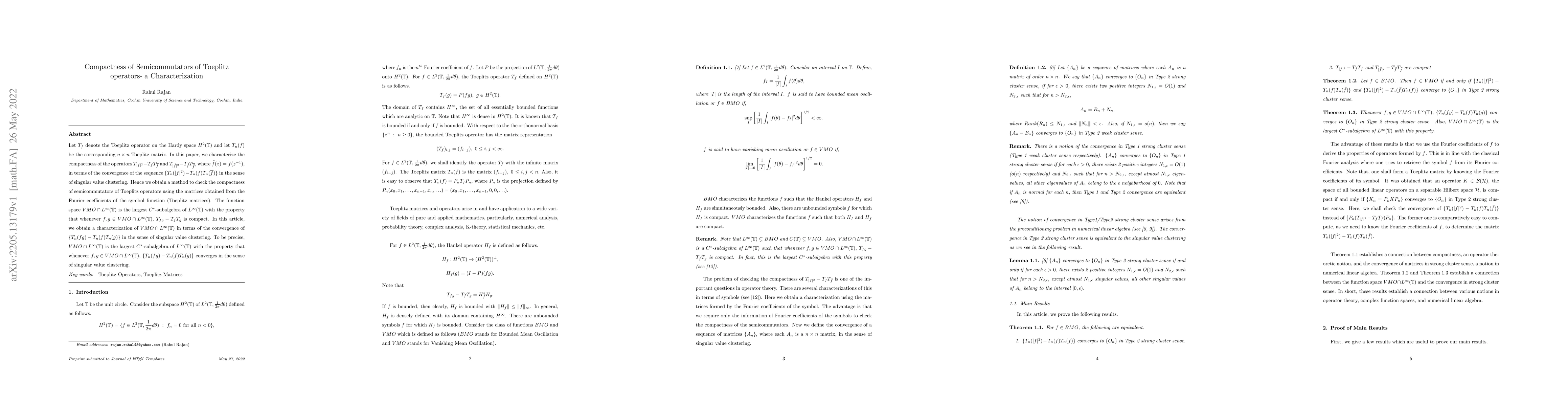 Thumbnail for Compactness of Semicommutators of Toeplitz operators -- a
  Characterization