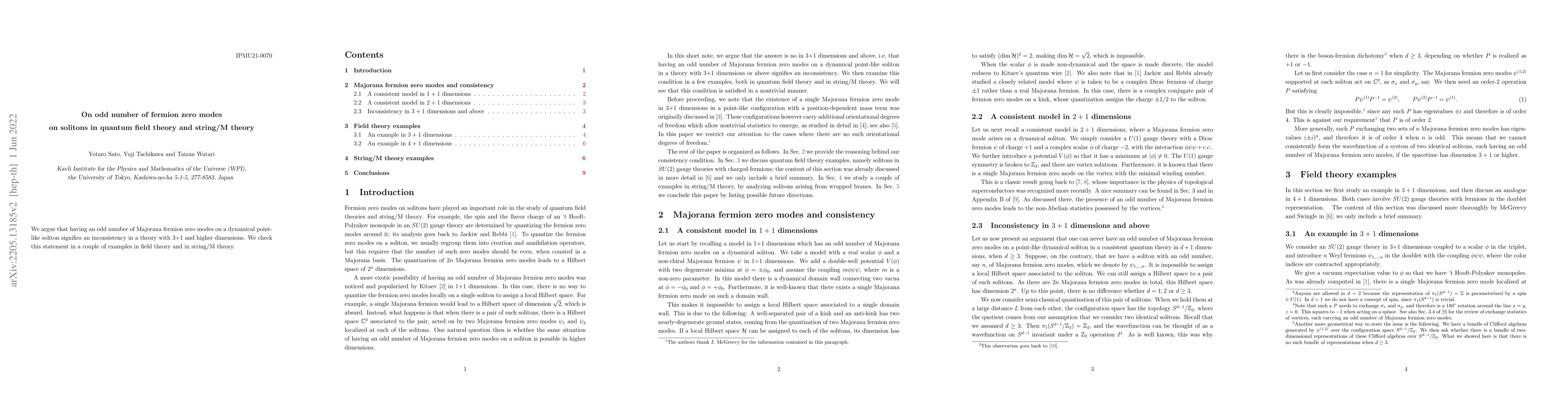 Thumbnail for On odd number of fermion zero modes on solitons in quantum field theory
  and string/M theory