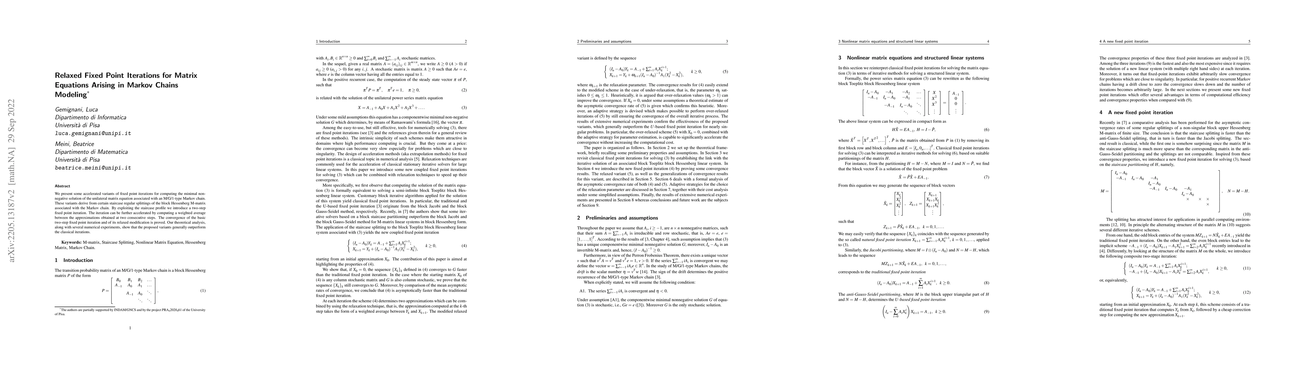 Thumbnail for Relaxed Fixed Point Iterations for Matrix Equations Arising in Markov
  Chains Modeling