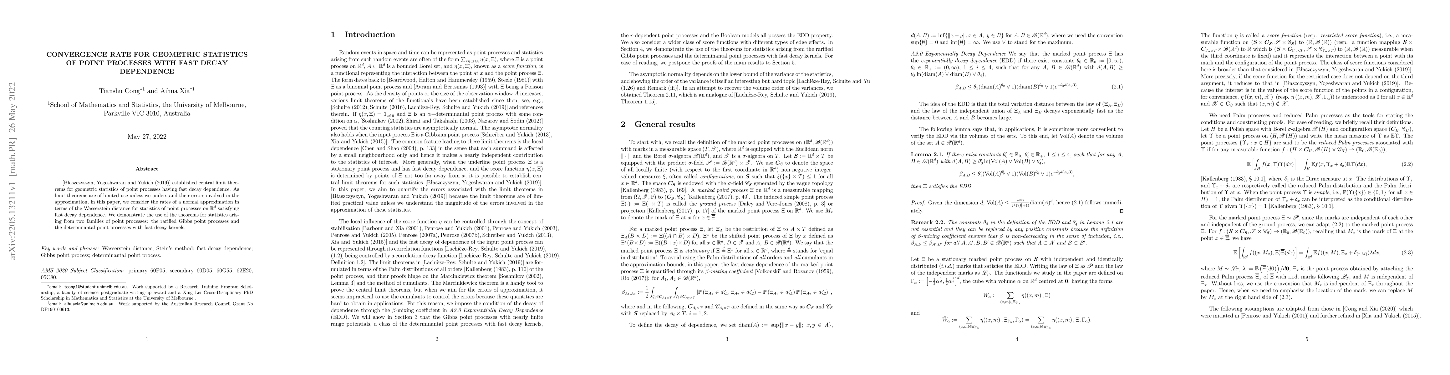 Thumbnail for Convergence rate for geometric statistics of point processes with fast
  decay dependence