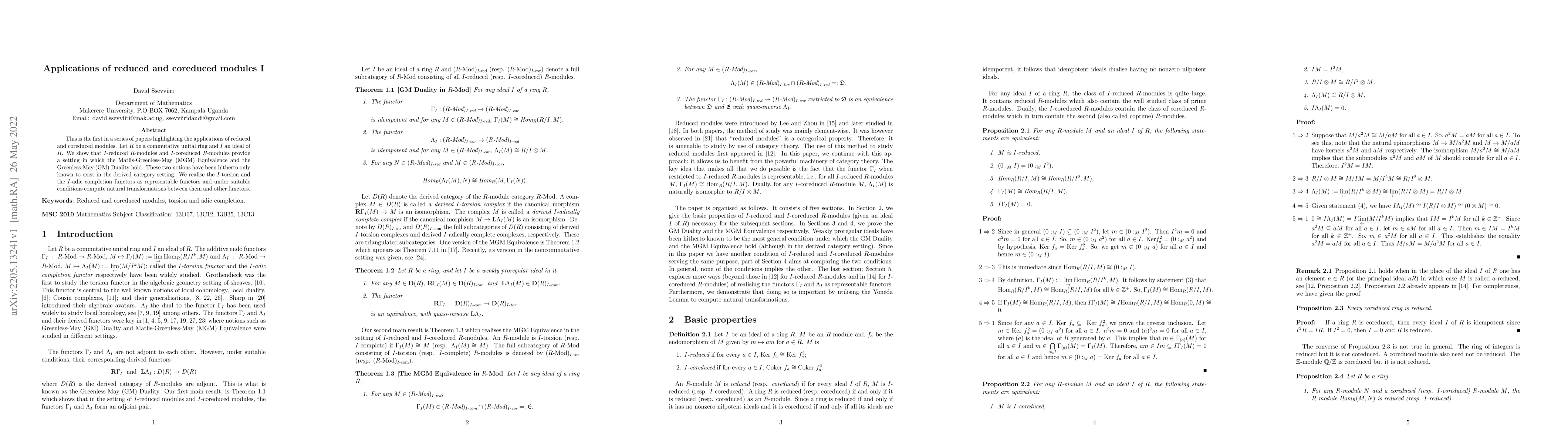 Thumbnail for Applications of reduced and coreduced modules I
