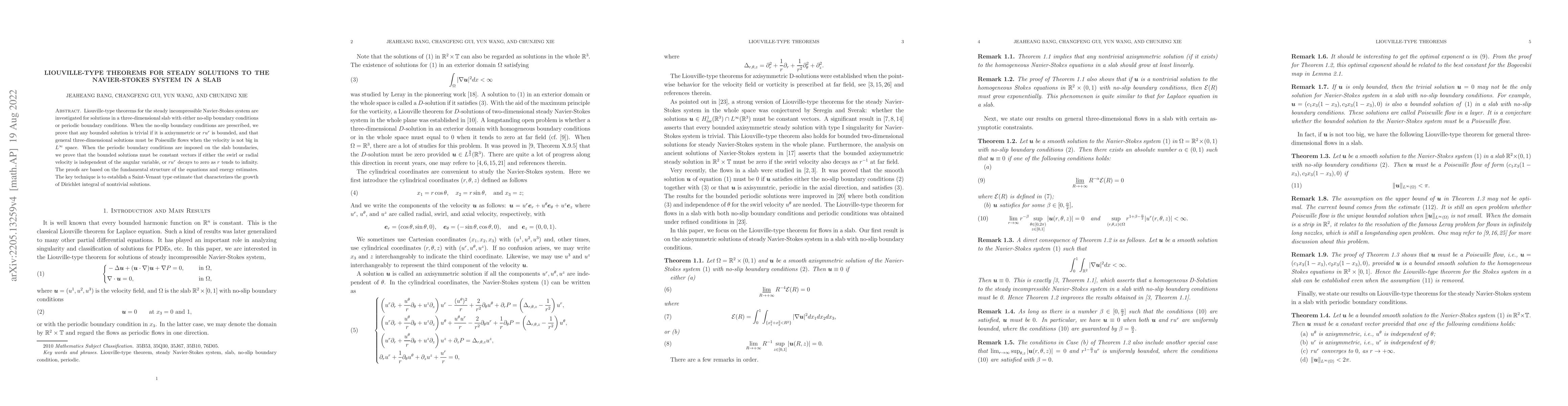 Thumbnail for Liouville-type theorems for steady solutions to the Navier-Stokes system
  in a slab