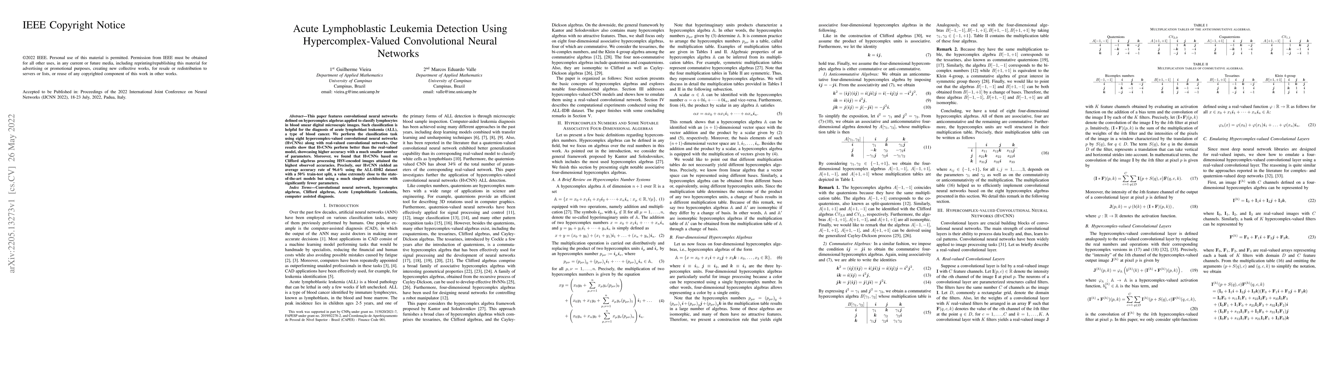 Thumbnail for Acute Lymphoblastic Leukemia Detection Using Hypercomplex-Valued
  Convolutional Neural Networks