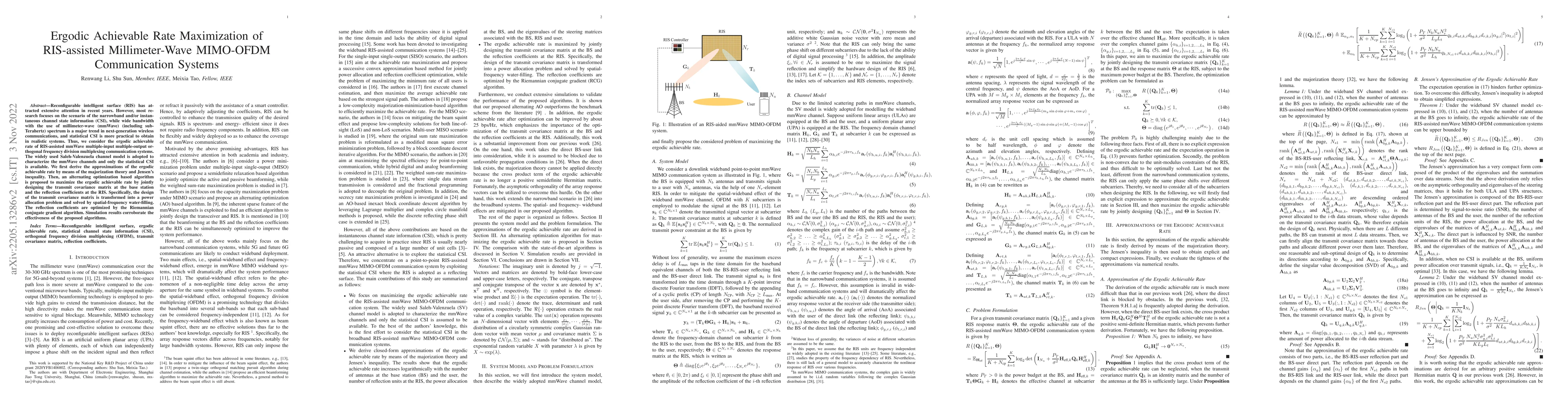 Thumbnail for Ergodic Achievable Rate Maximization of RIS-assisted Millimeter-Wave
  MIMO-OFDM Communication Systems