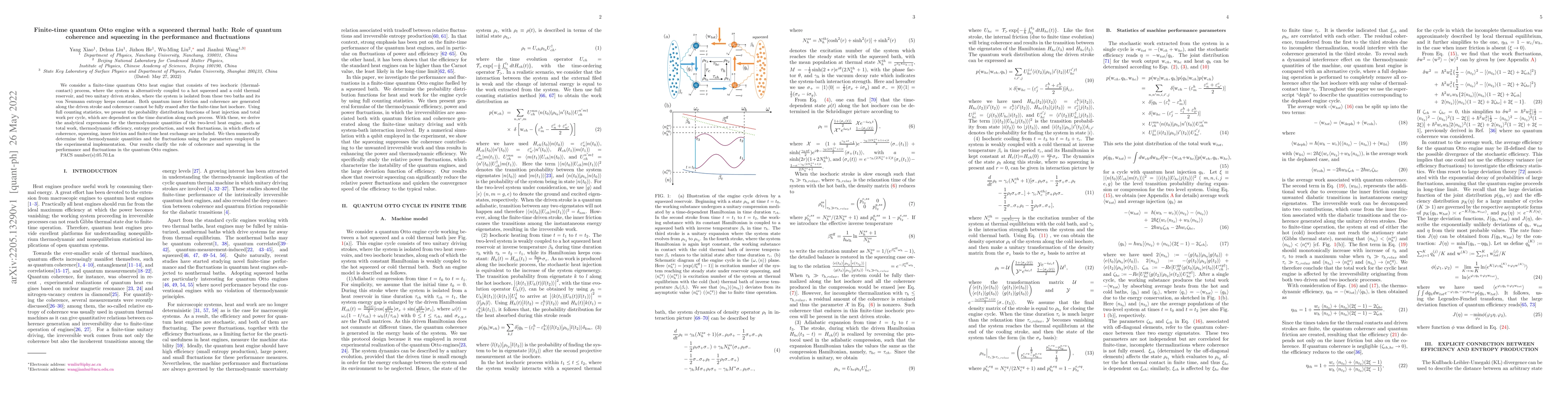 Thumbnail for Finite-time quantum Otto engine with a squeezed thermal bath: Role of
  quantum coherence and squeezing in the performance and fluctuations