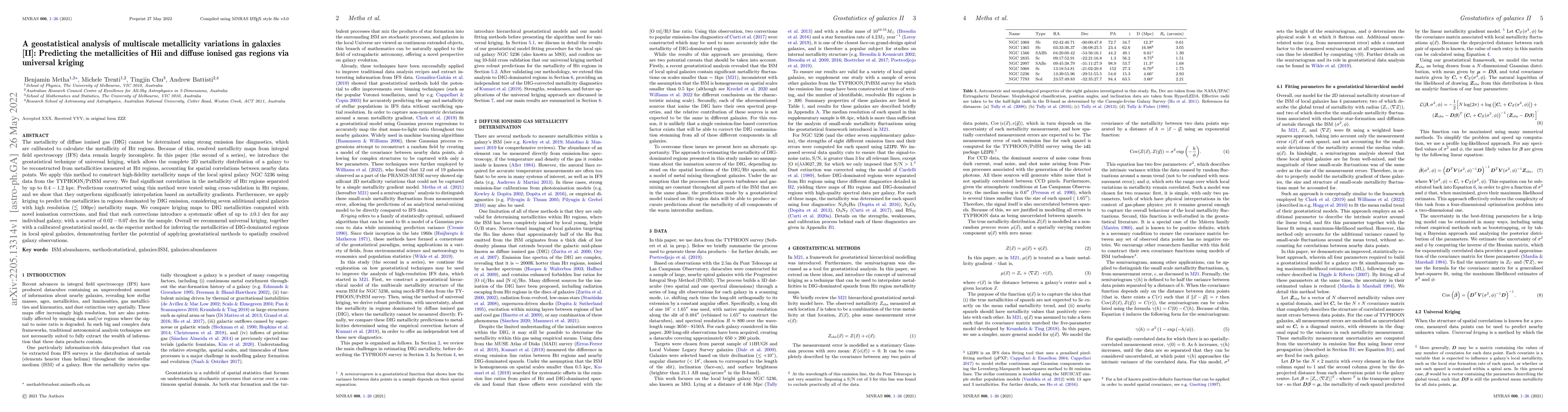 Thumbnail for A geostatistical analysis of multiscale metallicity variations in
  galaxies [II]: Predicting the metallicities of Hii and diffuse ionised gas
  regions via universal kriging