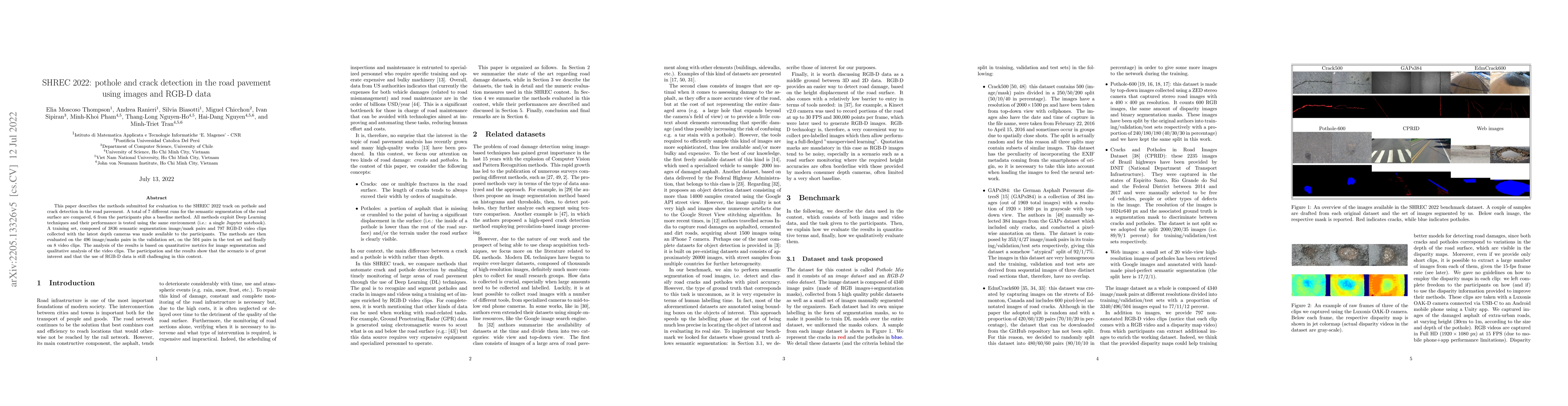 Thumbnail for SHREC 2022: pothole and crack detection in the road pavement using
  images and RGB-D data
