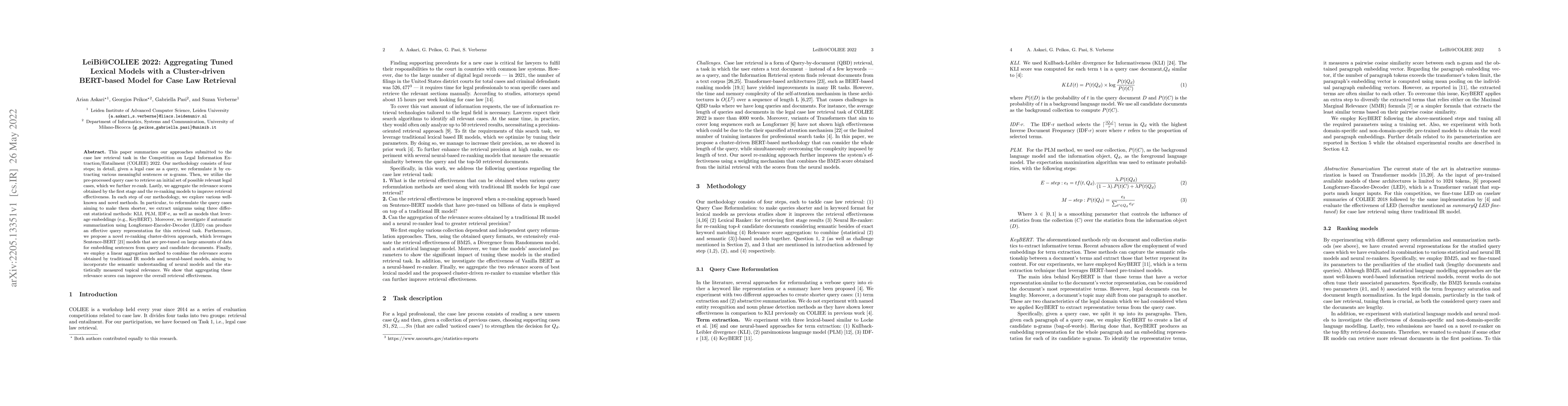 Thumbnail for LeiBi@COLIEE 2022: Aggregating Tuned Lexical Models with a
  Cluster-driven BERT-based Model for Case Law Retrieval