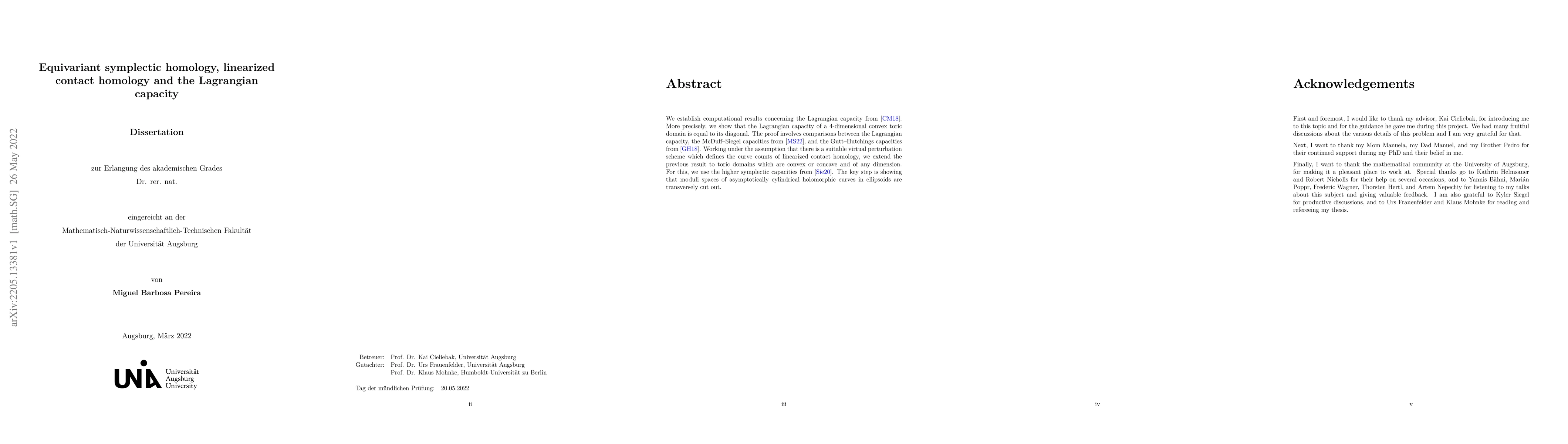 Thumbnail for Equivariant symplectic homology, linearized contact homology and the
  Lagrangian capacity