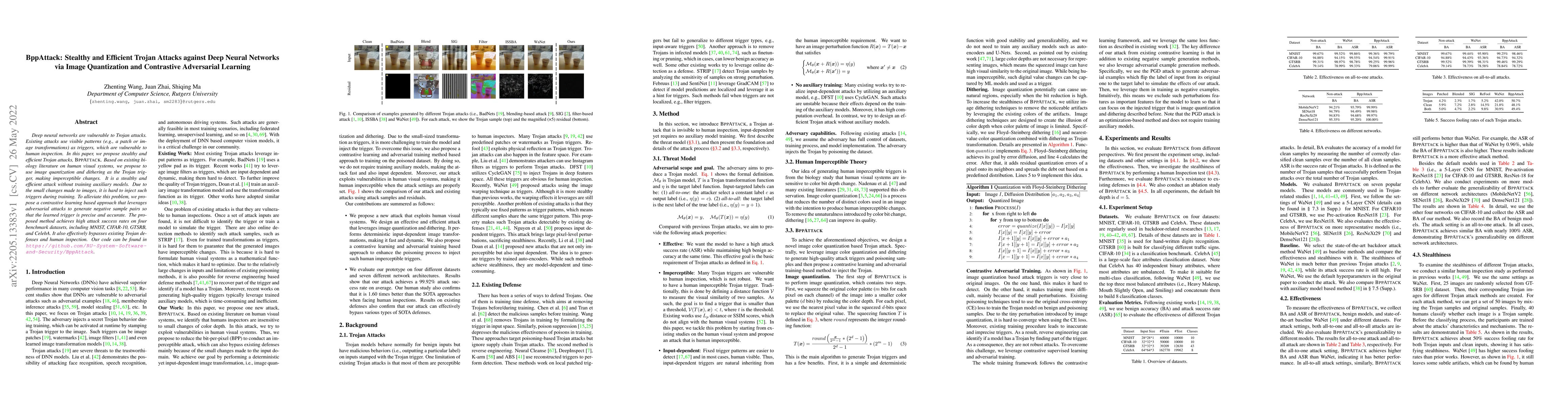 Thumbnail for BppAttack: Stealthy and Efficient Trojan Attacks against Deep Neural
  Networks via Image Quantization and Contrastive Adversarial Learning