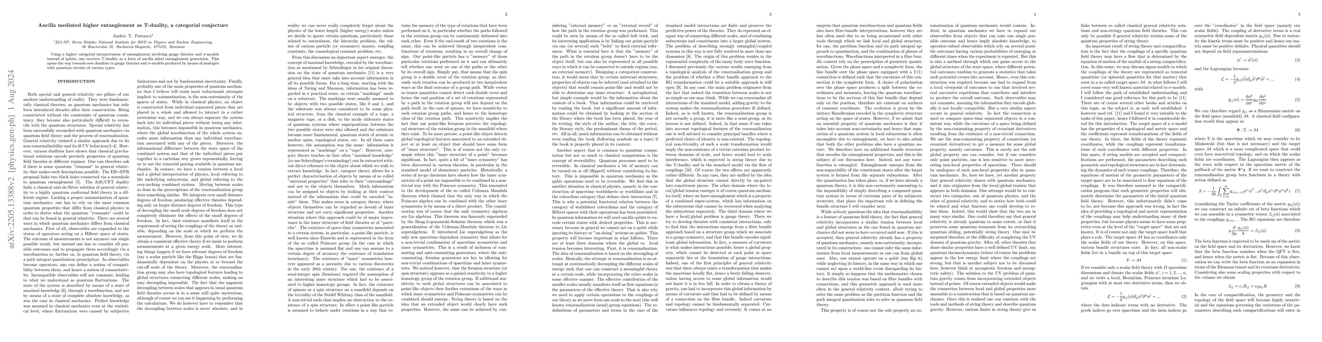 Thumbnail for Ancilla mediated higher entanglement as T-duality, a categorial
  conjecture