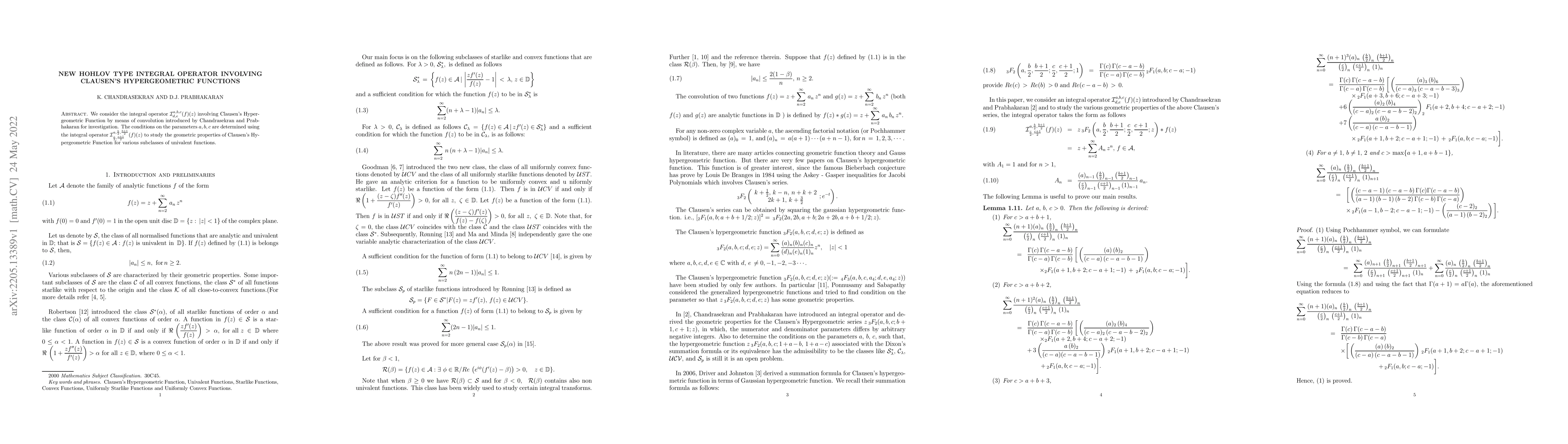 Thumbnail for New Hohlov Type Integral Operator involving Clausen's Hypergeometric
  Functions