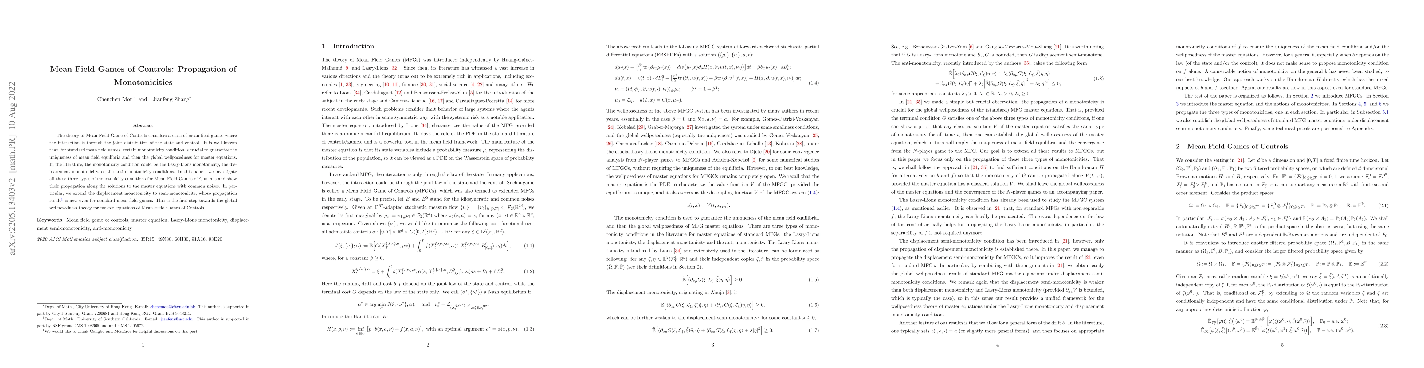 Thumbnail for Mean Field Games of Controls: Propagation of Monotonicities