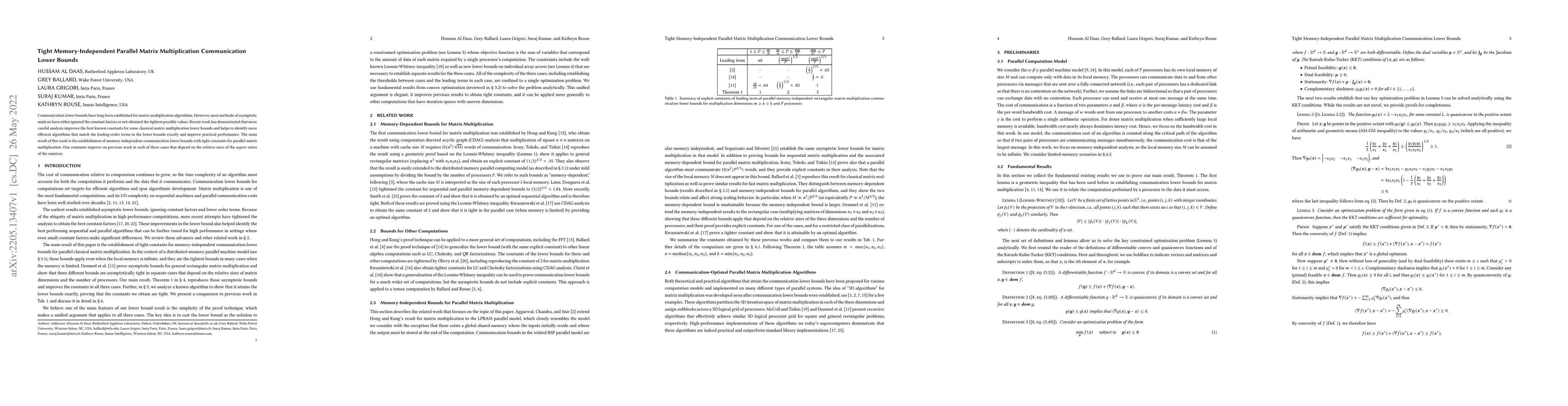 Thumbnail for Tight Memory-Independent Parallel Matrix Multiplication Communication
  Lower Bounds
