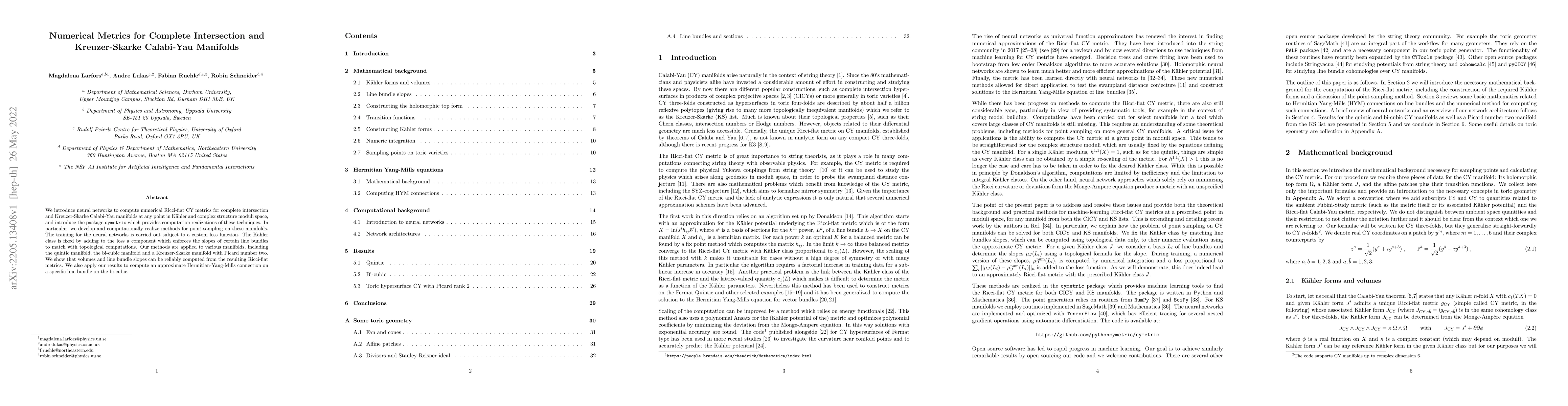 Thumbnail for Numerical Metrics for Complete Intersection and Kreuzer-Skarke
  Calabi-Yau Manifolds