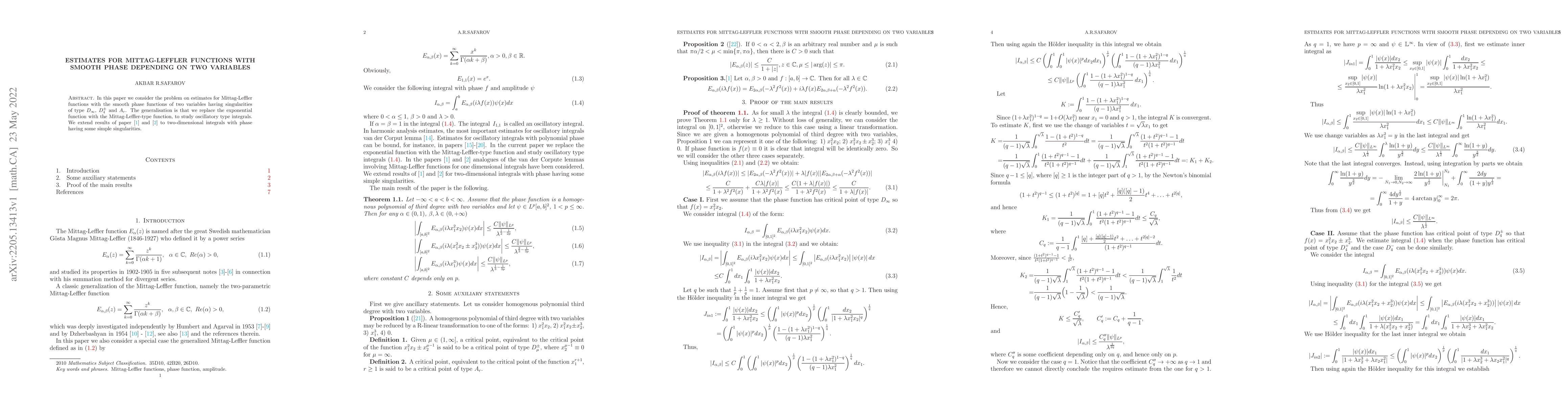 Thumbnail for Estimates for Mittag-Leffler functions with smooth phase depending on
  two variables
