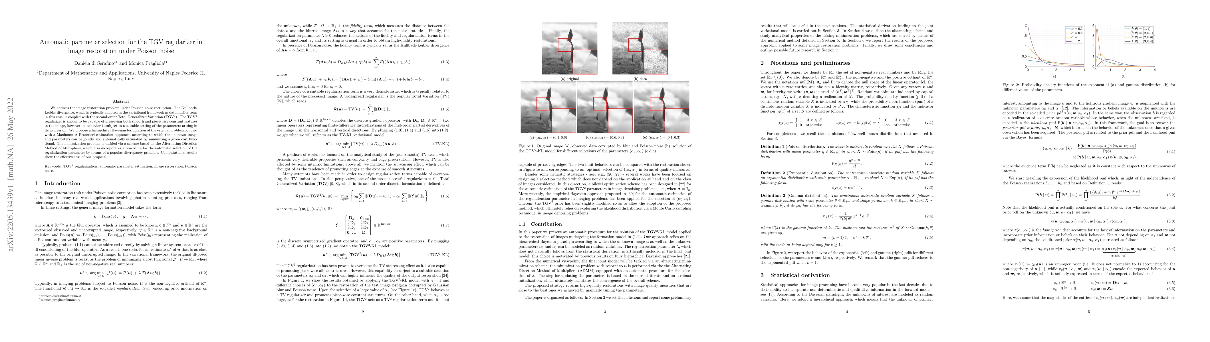 Thumbnail for Automatic parameter selection for the TGV regularizer in image
  restoration under Poisson noise