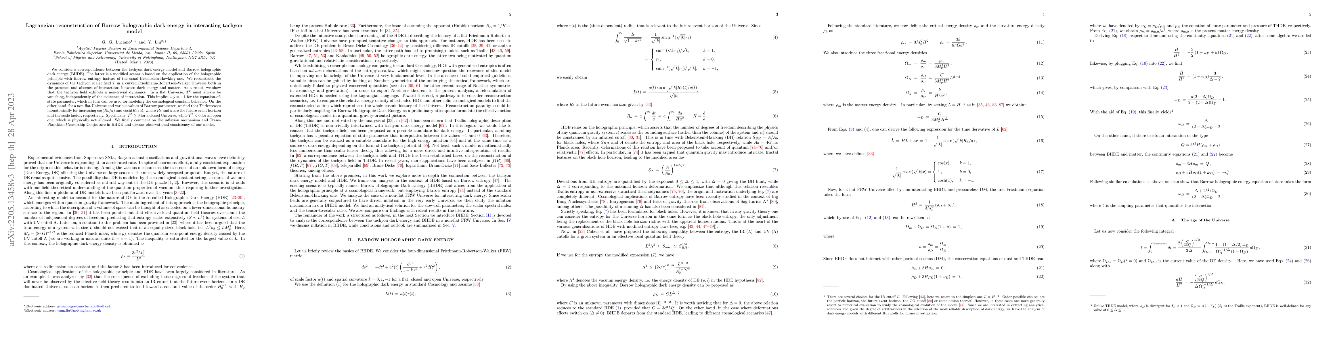 Thumbnail for Lagrangian reconstruction of Barrow holographic dark energy in
  interacting tachyon model