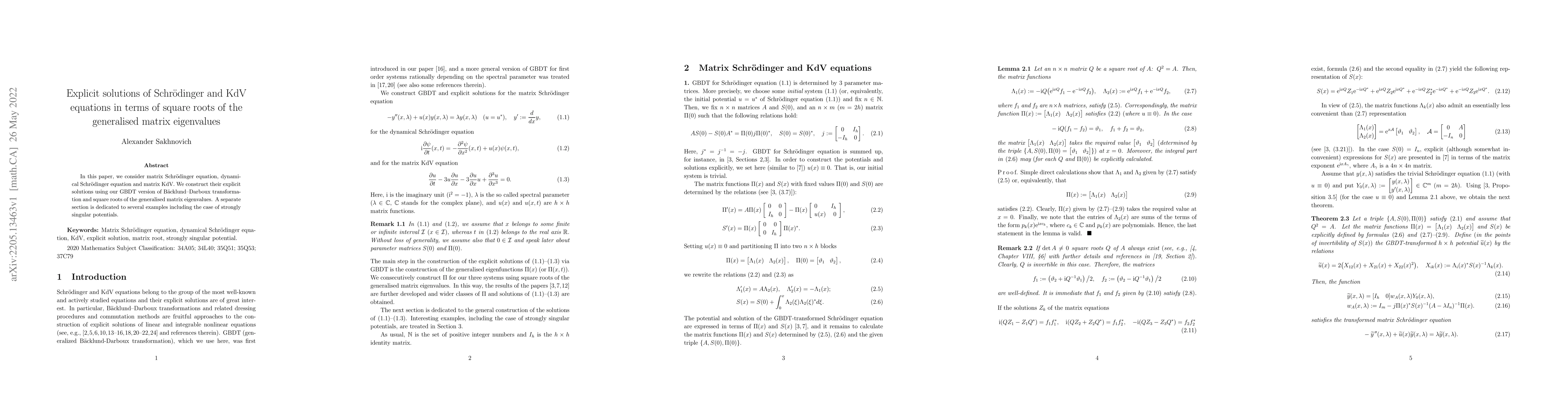 Thumbnail for Explicit solutions of Schr\"odinger and KdV equations in terms of square
  roots of the generalised matrix eigenvalues