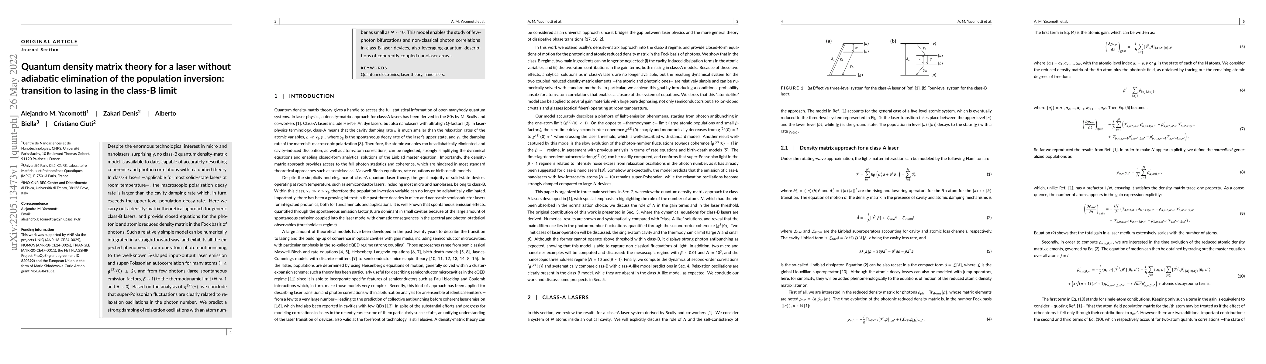 Thumbnail for Quantum density matrix theory for a laser without adiabatic elimination
  of the population inversion: transition to lasing in the class-B limit