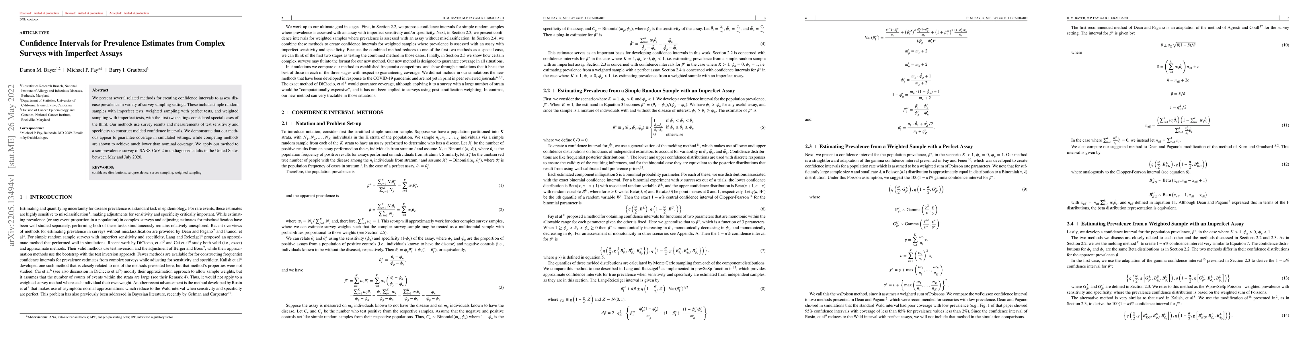 Thumbnail for Confidence Intervals for Prevalence Estimates from Complex Surveys with
  Imperfect Assays