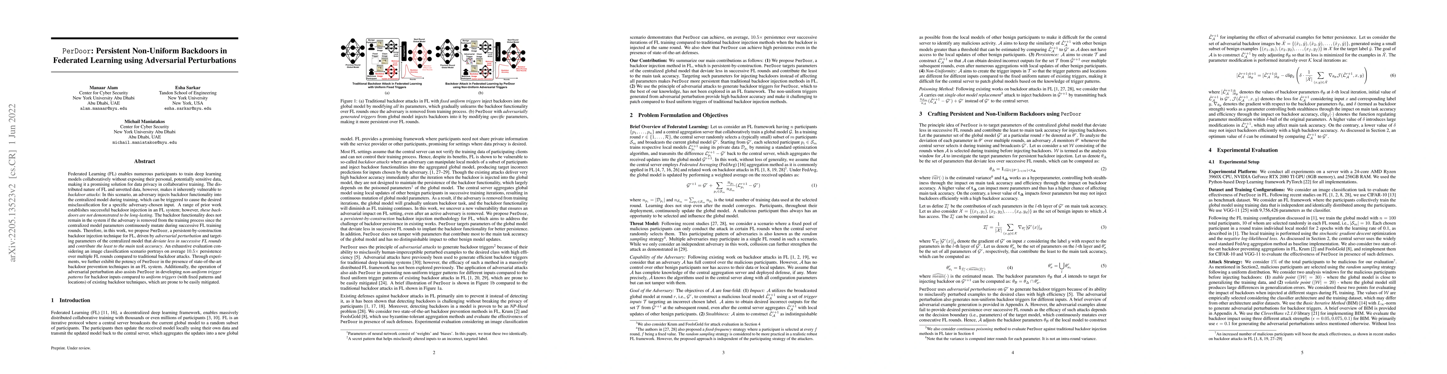 Thumbnail for PerDoor: Persistent Non-Uniform Backdoors in Federated Learning using
  Adversarial Perturbations