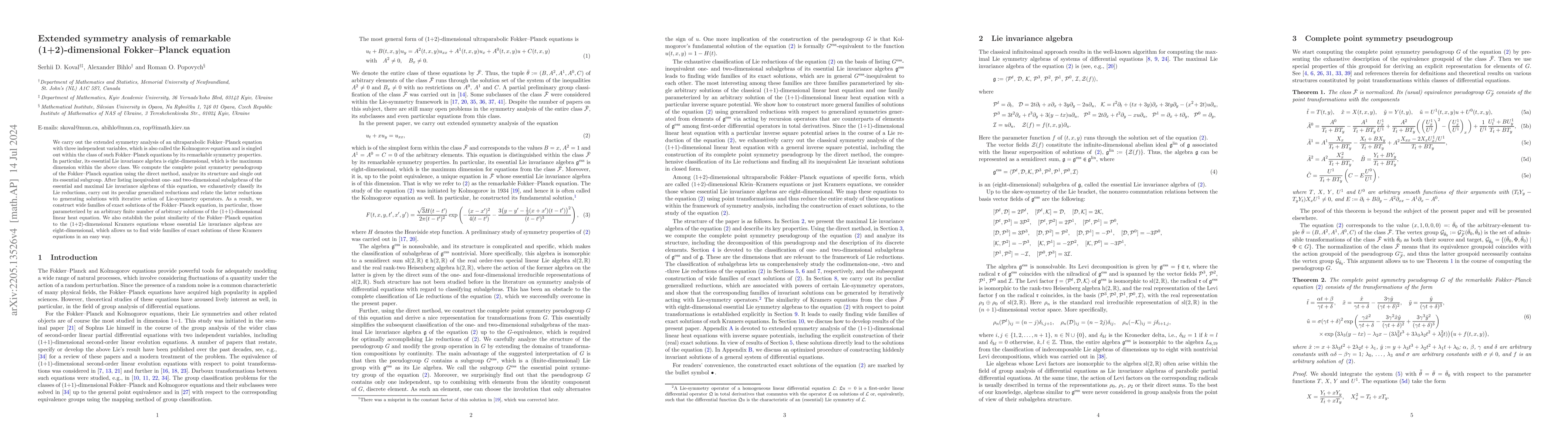 Thumbnail for Extended symmetry analysis of remarkable (1+2)-dimensional Fokker-Planck
  equation