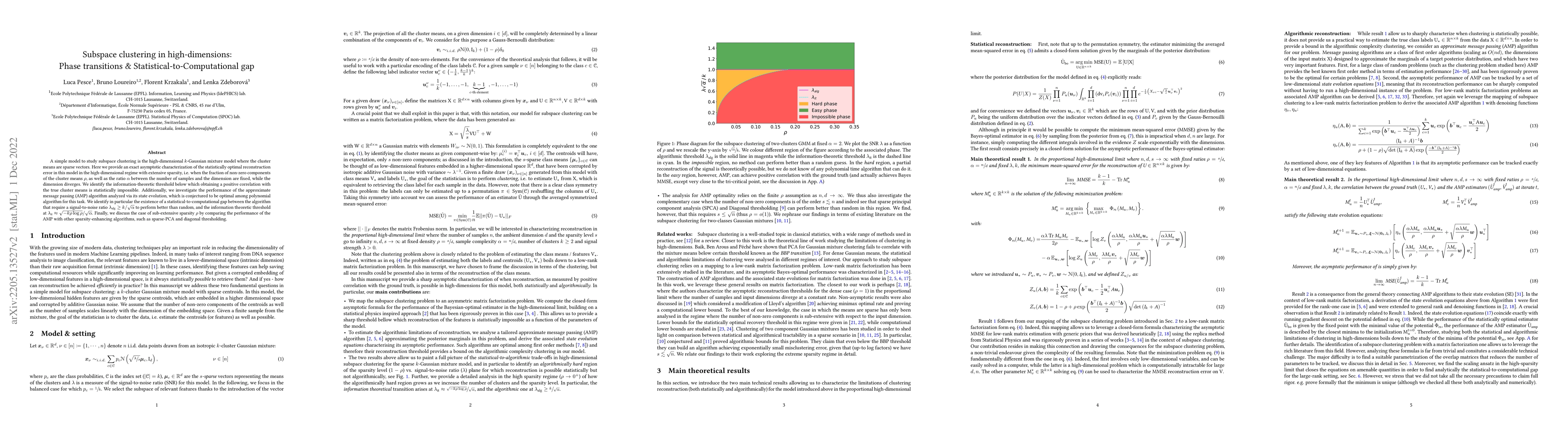 Thumbnail for Subspace clustering in high-dimensions: Phase transitions &
  Statistical-to-Computational gap