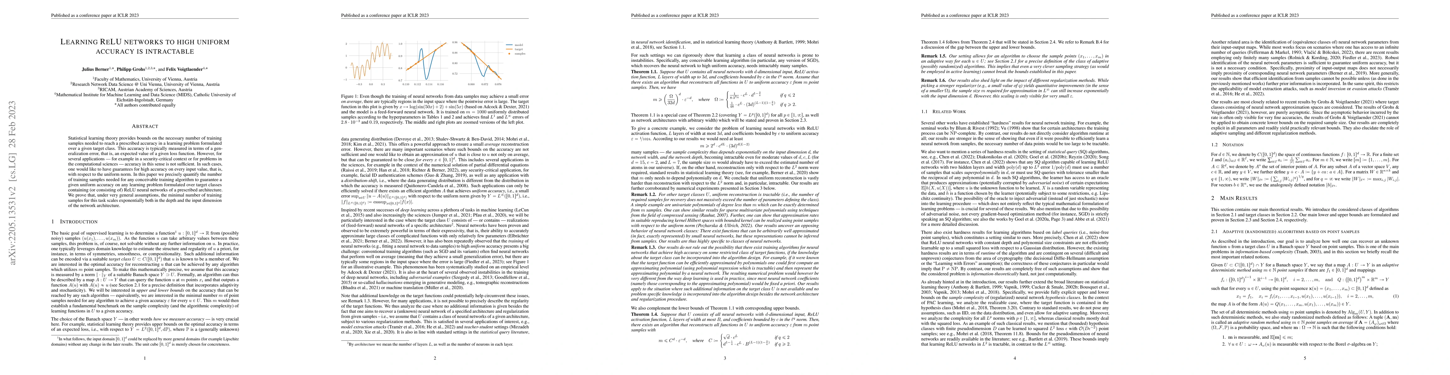 Thumbnail for Learning ReLU networks to high uniform accuracy is intractable