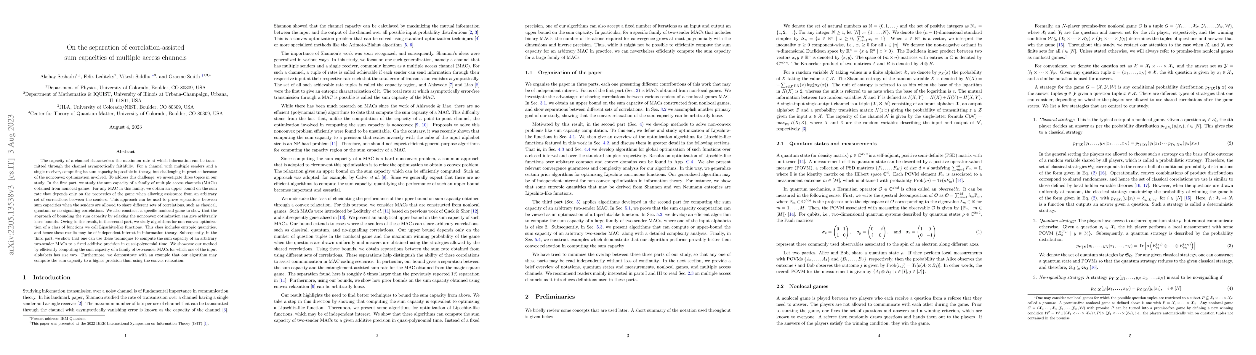 Thumbnail for On the separation of correlation-assisted sum capacities of multiple
  access channels