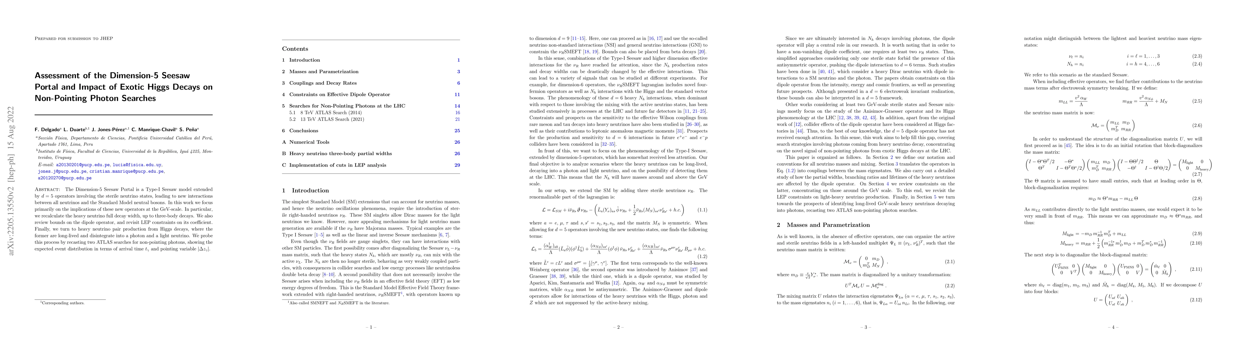 Thumbnail for Assessment of the Dimension-5 Seesaw Portal and Impact of Exotic Higgs
  Decays on Non-Pointing Photon Searches