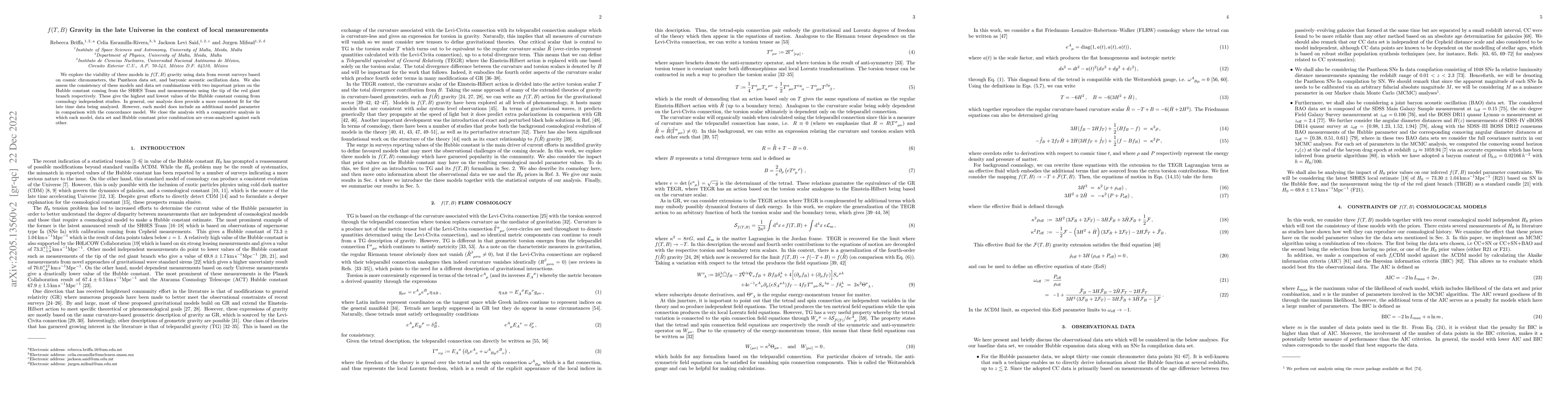 Thumbnail for $f(T,B)$ Gravity in the late Universe in the context of local
  measurements
