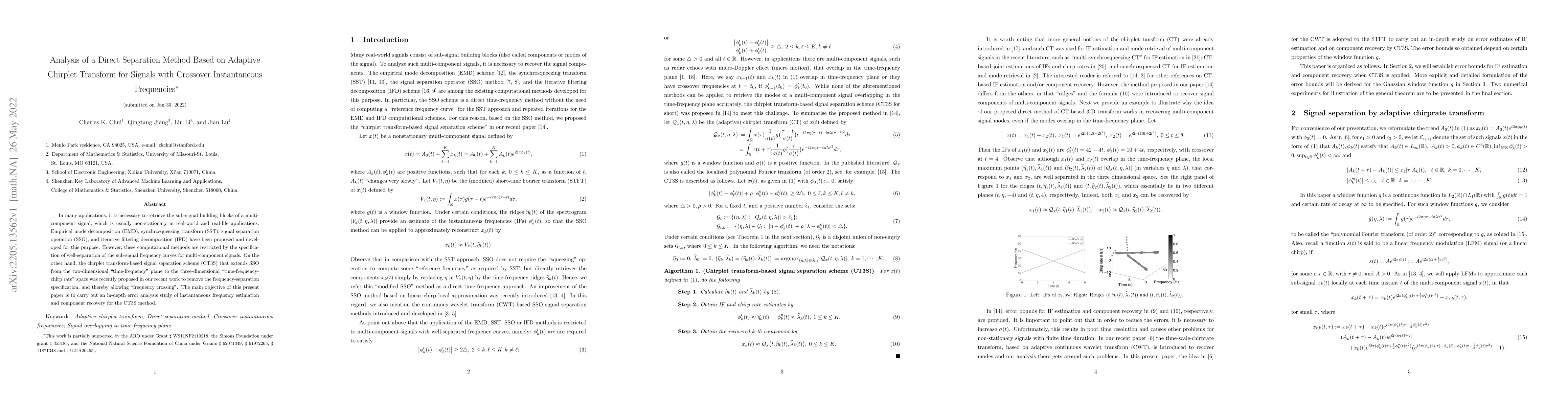 Thumbnail for Analysis of a Direct Separation Method Based on Adaptive Chirplet
  Transform for Signals with Crossover Instantaneous Frequencies