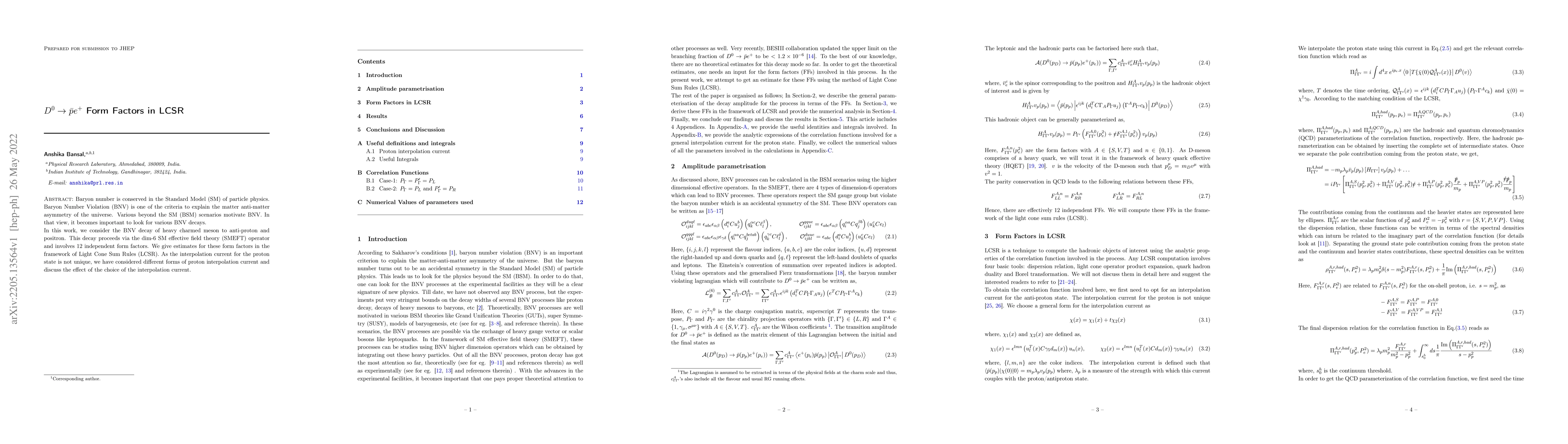Thumbnail for $D^0\rightarrow \bar p e^+$ Form Factors in LCSR