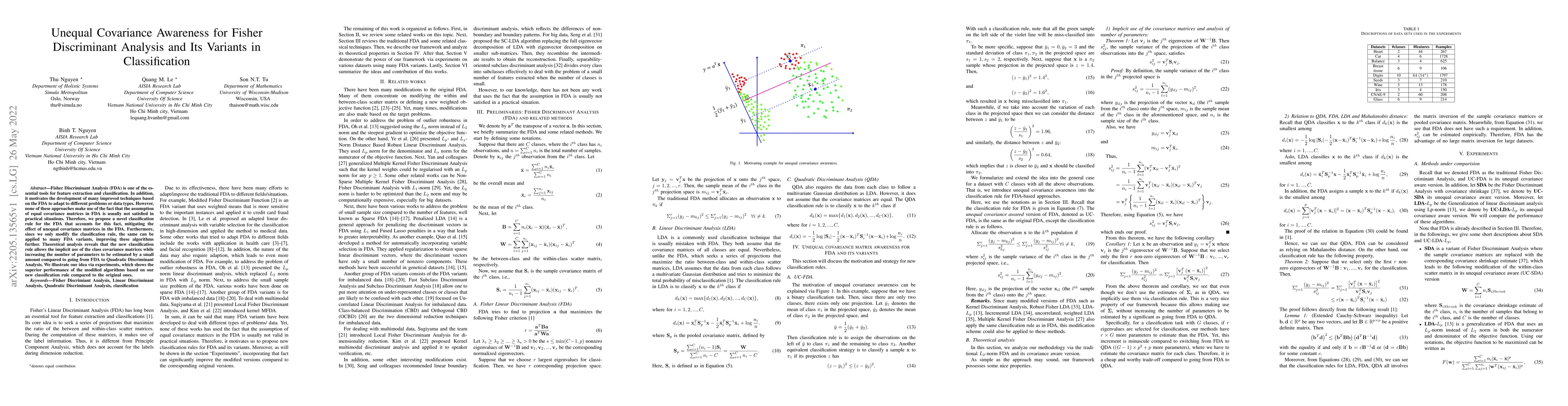 Thumbnail for Unequal Covariance Awareness for Fisher Discriminant Analysis and Its
  Variants in Classification
