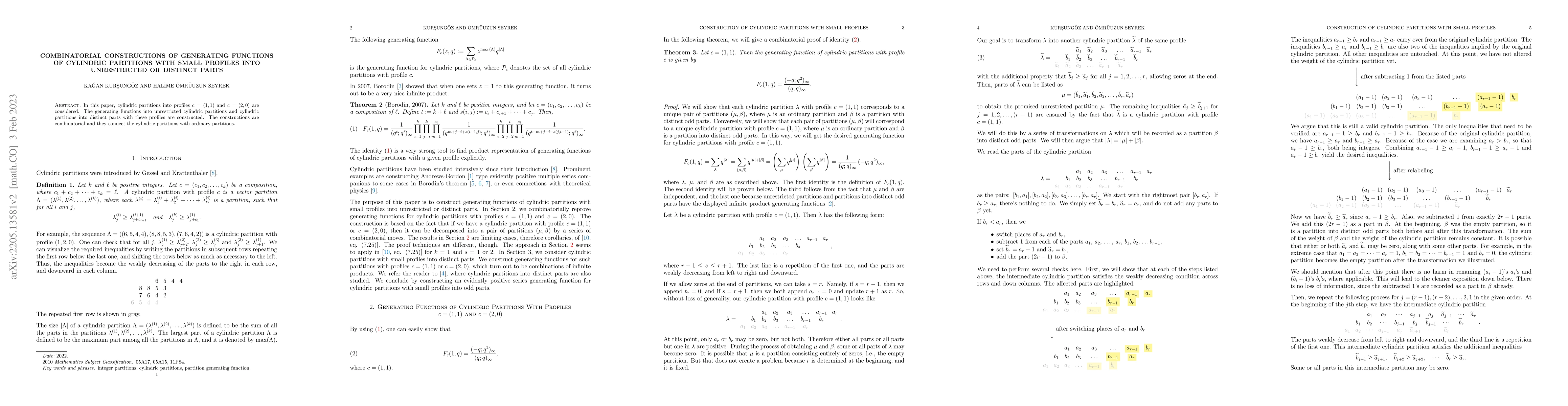 Thumbnail for Combinatorial constructions of generating functions of cylindric
  partitions with small profiles into unrestricted or distinct parts