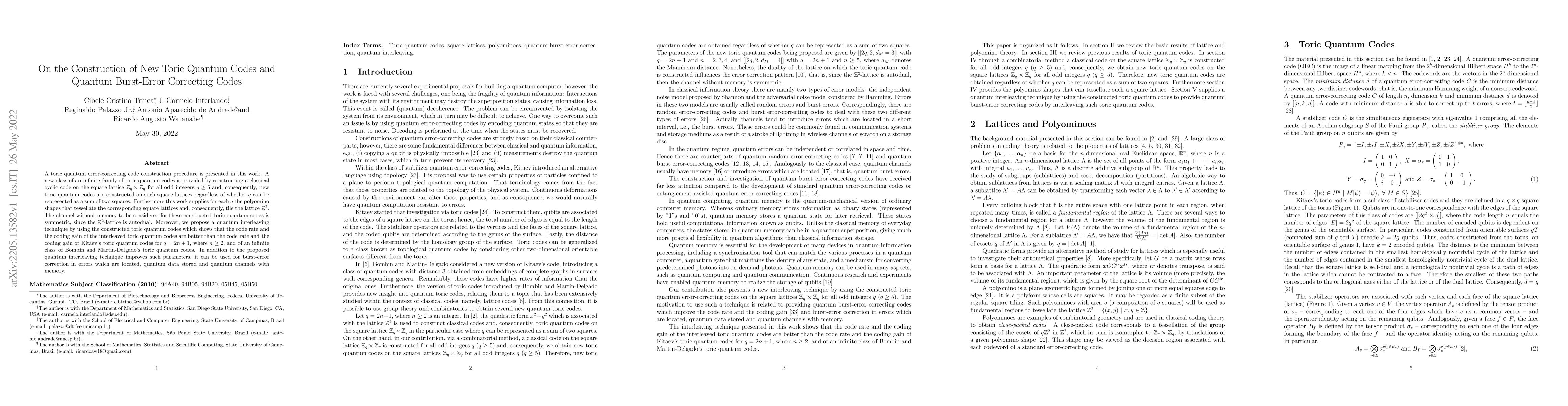 Thumbnail for On the Construction of New Toric Quantum Codes and Quantum Burst-Error
  Correcting Codes