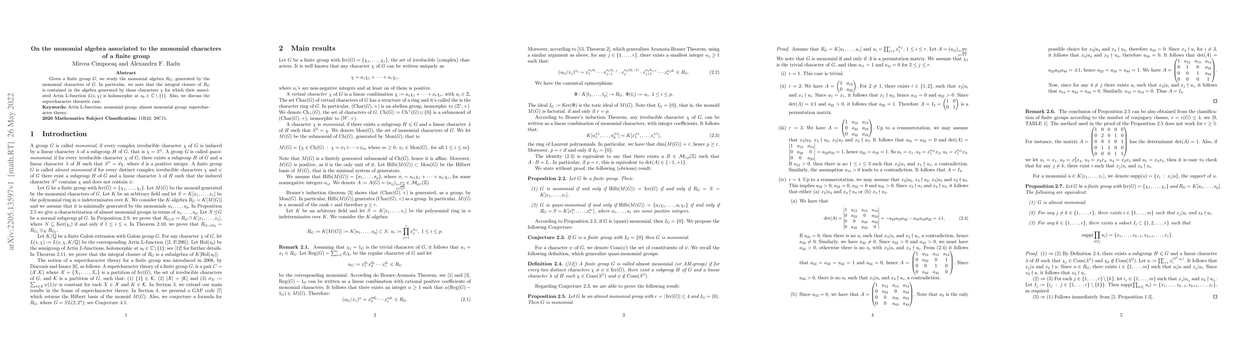 Thumbnail for On the monomial algebra associated to the monomial characters of a
  finite group