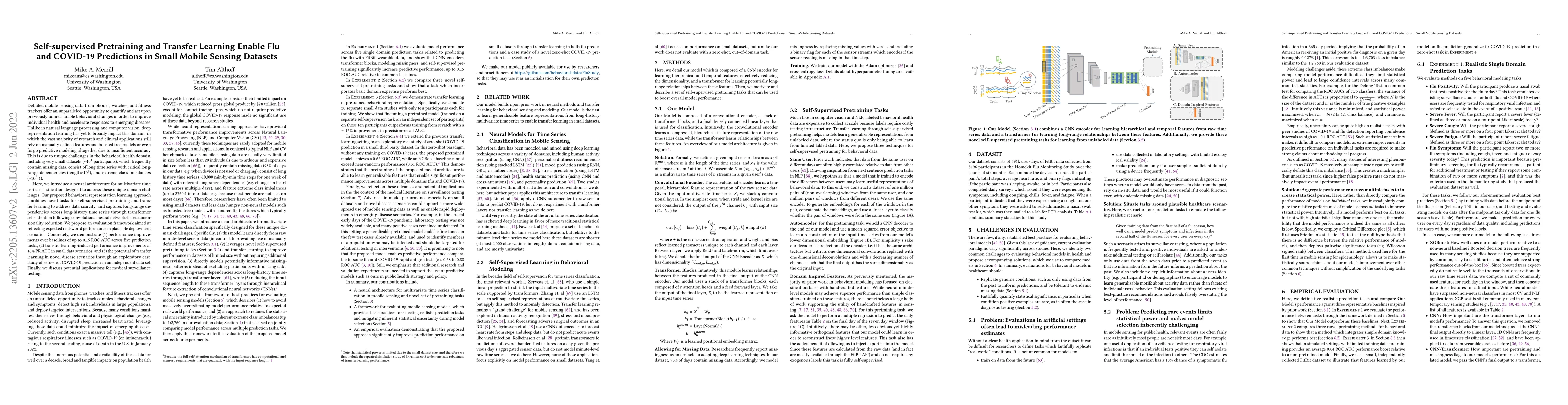 Thumbnail for Self-supervised Pretraining and Transfer Learning Enable Flu and
  COVID-19 Predictions in Small Mobile Sensing Datasets